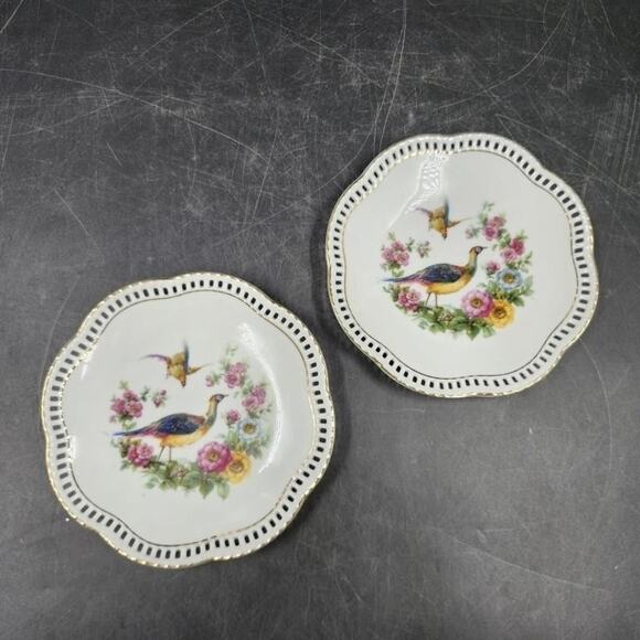 Bavaria Schumann Bird Plates w/ Gold Rim & Lattice Edge – Pair, 5.5" Diameter - Picture 1 of 4